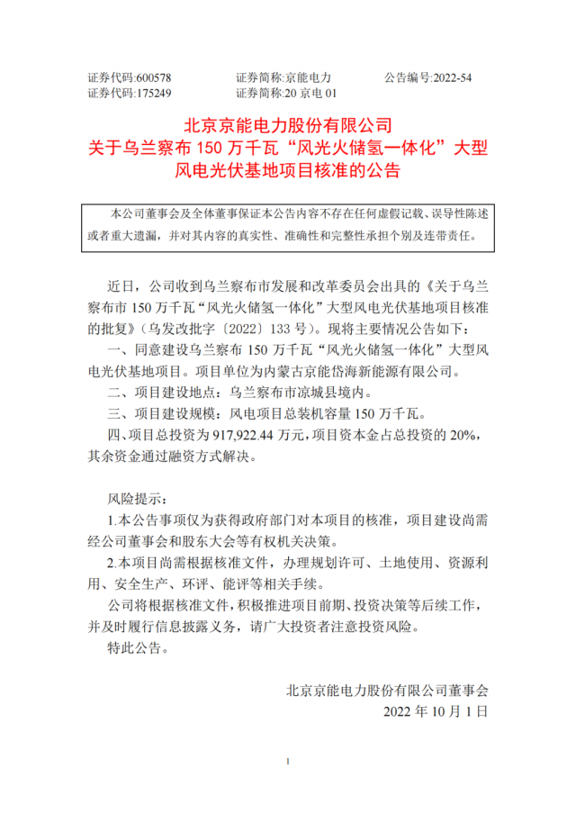 京能電力150萬(wàn)千瓦“風(fēng)光火儲(chǔ)氫”基地獲批！